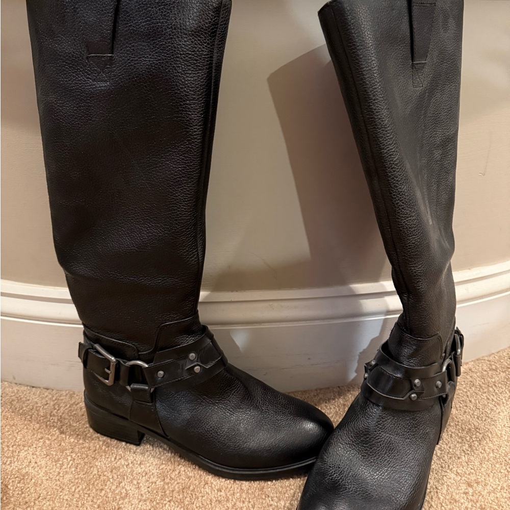 Nine West Black Tall Leather Riding Boots with Buckle Harness